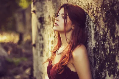 Woman Red Hair Leans Textured Nature Wallpaper 4K 4288x2848 A, Woman, With, Red, Hair, Leans, Against, Textured, Wall, Her, Eyes, Closed, Gray, Brown, Ultrawide, 4k