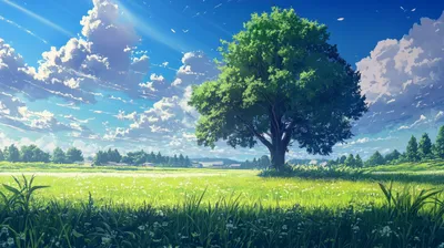 Radiant Anime Wallpaper Nature Wallpaper 4K 2912x1632 Hd, Anime, Summer, Landscape, Featuring, A, Vibrant, Tree, Under, Bright, Blue, Sky, Pink, Gray, Ultrawide, QHD