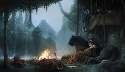 Woman Warrior Panther Beside Campfire Fantasy Wallpaper 4K 1920x1112 Hd, Wallpaper, Of, A, Woman, Warrior, And, Panther, Beside, Campfire, Rainy, Jungle, Gray, Ultrawide, Full HD