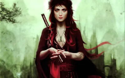 Vibrant Fierce Wallpaper Fantasy Wallpaper 4K 2560x1600 A, Fierce, Women, Warrior, Clad, In, Dark, Attire, Sword, Stands, Confidently, Against, White, Ultrawide, QHD