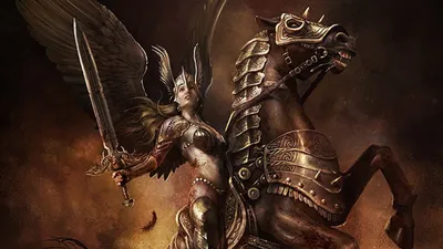 Fierce Valkyrie Rides Animals Wallpaper 4K 1920x1080 A, Fierce, Valkyrie, Rides, Majestic, Horse, Wielding, Sword, Set, Against, Dramatic, Fantasy, Brown, Ultrawide, Full HD