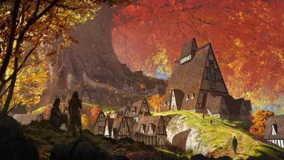 Sleek Vibrant Wallpaper Nature Wallpaper 4K 1920x1080 A, Vibrant, Fantasy, City, Nestled, Among, Towering, Autumn, Trees, Detailed, Medieval-style, Houses, Brown, Ultrawide, Full HD