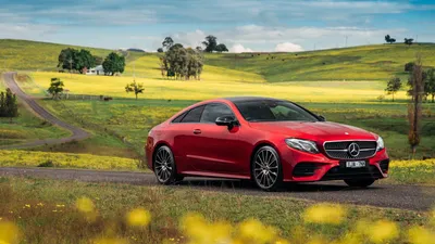 Bright Red Benz Class Car Nature Wallpaper 4K 3200x1800 A, Bright, Red, Mercedes-benz, E-class, Car, Is, Parked, Countryside, Road, Surrounded, Lush, Gray, Ultrawide, QHD