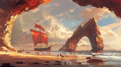 Fantasy Adventure Beach Ship Natural Fantasy Wallpaper 4K 5824x3264 Fantasy, Adventure, Beach, Scene, With, A, Ship, And, Natural, Archway, Desktop, Gray, Ultrawide, 4k