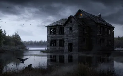 Dark Dark Wallpaper Nature Wallpaper 4K 1920x1200 A, Dark, Eerie, House, Stands, By, Lake, Windows, Broken, Solitary, Light, Glowing, White, Ultrawide, Full HD