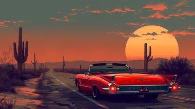 Vintage Red Car Nature Wallpaper 4K 2912x1632 A, Vintage, Red, Car, Drives, Along, Minimalist, Road, Through, Desert, Landscape, Framed, Orange, Brown, Ultrawide, QHD