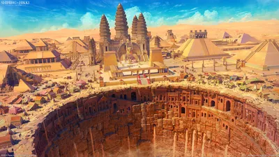 Dreamy Detailed Wallpaper World Wallpaper 4K 1920x1080 A, Detailed, Fantasy, Cityscape, Featuring, Ancient, Temple-like, Structures, Pyramids, Surrounding, Massive, Circular, Purple, Orange, Gray, Ultrawide, Full HD