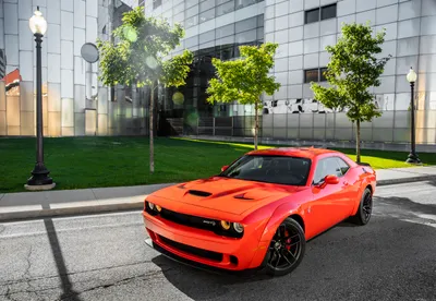 Vivid Bright Wallpaper World Wallpaper 4K 3000x2068 Bright, Orange, Dodge, Challenger, Srt, Muscle, Car, Parked, City, Street, Modern, Buildings, Gray, Landscape, QHD