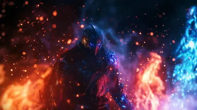 Dark Fantasy Knight Engulfed Fantasy Wallpaper 4K 2912x1632 A, Dark, Fantasy, Knight, Engulfed, In, Fiery, Energy, Standing, Amid, Sparks, Flames, Pink, Gray, Brown, Ultrawide, QHD