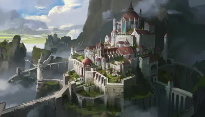 Calm Fantasy Wallpaper Fantasy Wallpaper 4K 1920x1100 Hd, Fantasy, Cityscape, With, Majestic, Castles, And, Towering, Statues, Nestled, Between, Mountains, Gray, Ultrawide, Full HD