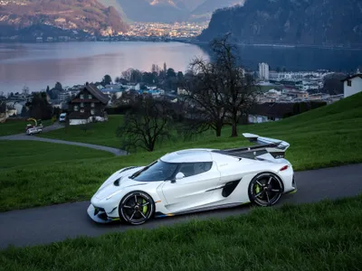 White Koenigsegg Jesko Supercar Winding Cars Wallpaper 4K 3753x2817 A, White, Koenigsegg, Jesko, Supercar, Parked, On, Winding, Road, Scenic, Lakeside, Town, Gray, Landscape, QHD