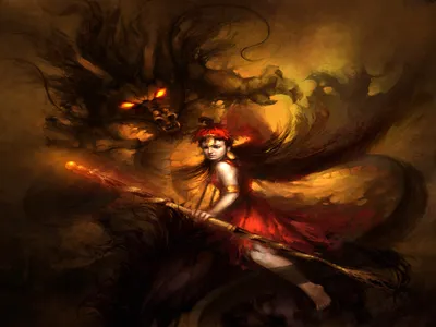 Fantasy Powerful Sorceress Wielding Staff Fantasy Wallpaper 4K 1600x1200 Hd, Fantasy, Wallpaper:, Featuring, A, Powerful, Sorceress, Wielding, Staff, Menacing, Dragon, Glowing, Brown, Orange, Landscape