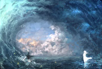 Radiant Fantasy Wallpaper Fantasy Wallpaper 4K 2796x1886 Fantasy, Ocean, Scene, With, Swirling, Waves, And, Two, Figures, Standing, Water, Depicted, Gray, Landscape, QHD