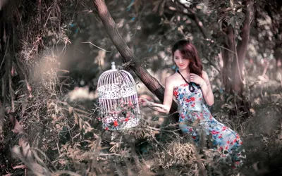 Asian Woman Floral Dress Sits Animals Wallpaper 4K 2560x1600 An, Asian, Woman, In, A, Floral, Dress, Sits, Beside, White, Birdcage, Lush, Gray, Ultrawide, QHD
