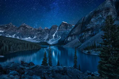 Winter Night Moraine Lake Nature Wallpaper 4K 2048x1363 A, Stunning, Winter, Night, Scene, At, Moraine, Lake, Featuring, Starry, Sky, Snow-covered, Brown, Ultrawide, Full HD