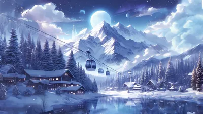 Sleek Anime Wallpaper Nature Wallpaper 4K 3840x2160 Anime-style, 4k, Ultra, Hd, Winter, Night, Scene, Featuring, Snow-covered, Cabins, Towering, Pine, White, Gray, Ultrawide