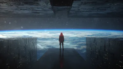 Radiant Lone Wallpaper Space Wallpaper 4K 2000x1125 A, Lone, Figure, In, Red, Jacket, Stands, Futuristic, Platform, Gazing, Earth, Space, Gray, Ultrawide, Full HD