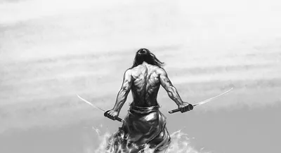 Fantasy Samurai Stands Fantasy Wallpaper 4K 1980x1080 A, Striking, Fantasy, Samurai, Stands, With, Two, Swords, Facing, Serene, Horizon, Showcasing, White, Gray, Ultrawide, Full HD