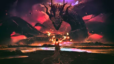 Fierce Dragon Looms Lone Fantasy Wallpaper 4K 3840x2160 A, Fierce, Dragon), Looms, Over, Lone, Figure, Dark, Fiery, Fantasy, Scene, Captured, Brown, Red, White, Ultrawide, 4k