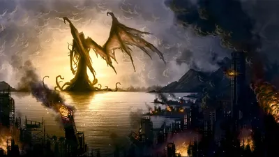 Sleek Dark Wallpaper World Wallpaper 4K 1920x1080 A, Dark, Fantasy, Scene, Depicting, Demon-like, Figure, Wings, Emerging, Ocean, Set, Against, Gray, White, Ultrawide, Full HD