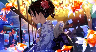 Anime Girl Brown Hair Green Abstract Wallpaper 4K 1969x1080 Anime, Girl, With, Brown, Hair, And, Green, Eyes, Wearing, Yukata, Gazes, Vibrant, Black, Ultrawide, Full HD