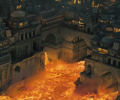 Serene Fantasy Wallpaper World Wallpaper 4K 2344x1953 Hd, Pc, Desktop, Wallpaper, Showing, A, Fantasy, City, Stone, Domes, Bridges, Lit, Orange, Square, Full HD