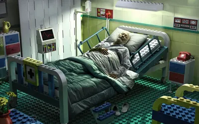 Dimly Lit Lego Hospital Depicting Black/Dark Wallpaper 4K 1680x1050 A, Dimly, Lit, Lego, Hospital, Scene, Depicting, Figure, Bed, Surrounded, Medical, Equipment, Gray, White, Ultrawide