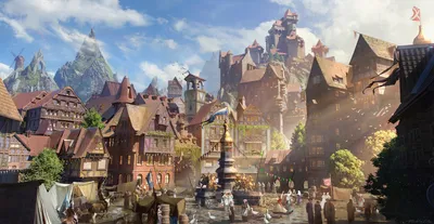 Fantasy Cityscape Vibrant Medieval World Wallpaper 4K 2086x1080 Hd, Fantasy, Cityscape, Wallpaper, Showcasing, A, Vibrant, Medieval, Town, Detailed, Buildings, Bustling, Gray, Pink, Ultrawide, Full HD