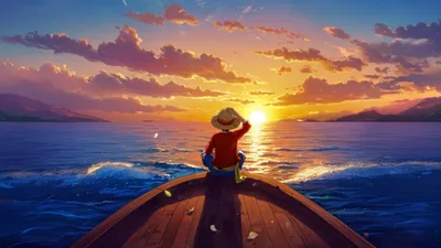 One Piece Luffy Bow Nature Wallpaper 4K 5120x2880 One, Piece, Scene, Luffy, At, The, Bow, Of, Small, Boat, Watching, Gray, Orange, Ultrawide, 4k