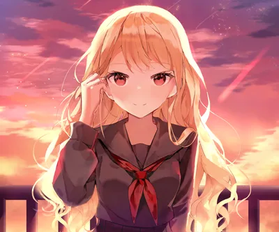 Misty Blonde Wallpaper Black/Dark Wallpaper 4K 2894x2412 Blonde, Anime, Girl, In, A, Dark, School, Uniform, Red, Ribbon, Smiling, Against, Gray, Pink, Square, QHD