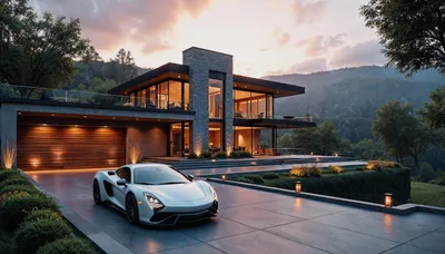 Crisp Modern Wallpaper Cars Wallpaper 4K 6000x3429 Modern, Home, With, Large, Glass, Windows, At, Sunset, Sleek, Sports, Car, Parked, White, Ultrawide, 4k