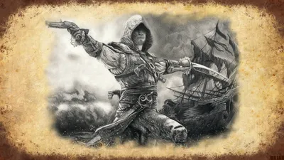 Dark Detailed Wallpaper Black/Dark Wallpaper 4K 1920x1080 A, Detailed, Drawing, Of, Edward, Kenway, From, Assassin's, Assassin, 039, Creed, Black, White, Ultrawide, Full HD