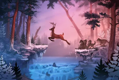 Fantasy Winter Landscape Deer Leaping Nature Wallpaper 4K 2240x1510 Hd, Wallpaper, With, A, Fantasy, Winter, Landscape, Featuring, Deer, Leaping, Across, Frozen, Pink, White, Full HD