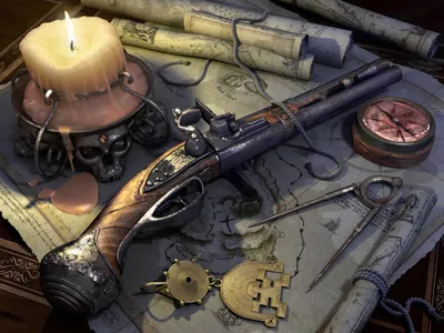 Vibrant Detailed Wallpaper Fantasy Wallpaper 4K 1920x1440 A, Detailed, Hd, Wallpaper, Featuring, Pirate-themed, Scene, Vintage, Gun, Skull, Candle, Compass, Brown, Gray, Landscape, Full HD