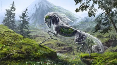 Dark Fantasy Undead Unicorn Nature Wallpaper 4K 2000x1125 A, Dark, Fantasy, Undead, Unicorn, With, Exposed, Glowing, Green, Ribs, Gallops, Through, White, Ultrawide, Full HD