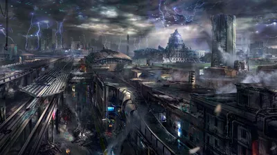 Dark Futuristic Sci Cityscape Stormy Wallpaper 4K, World category