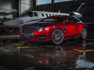Misty Red Wallpaper Cars Wallpaper 4K 2048x1536 A, Striking, Red, Bentley, Continental, Gt, Parked, In, Sleek, Hangar, Private, Jet, Gray, Landscape, Full HD
