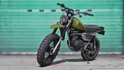 Green Scrambler Motorcycle Front Cars Wallpaper 4K 3840x2160 Green, Scrambler, Motorcycle, In, Front, Of, A, Teal, Garage, Shutter, Ultra, Desktop, Gray, Ultrawide, 4k