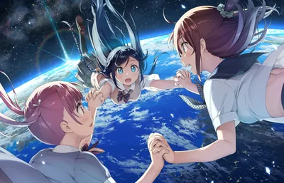 Serene Anime Wallpaper Space Wallpaper 4K 1920x1235 Anime, Girls, Floating, In, Space, Reaching, For, Each, Other, 039, Hands, Earth, Gray, Red, Ultrawide, Full HD
