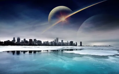Dreamy World Blends Nature Cityscape World Wallpaper 4K 1680x1050 A, Dreamy, World, Blends, Nature, And, Cityscape, Under, Night, Sky, Two, Large, Gray, White, Ultrawide