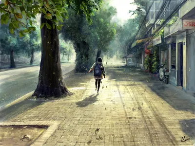 Anime Depicting Person World Wallpaper 4K 1920x1440 Hd, Anime, Wallpaper:, Depicting, A, Person, Running, With, Backpack, Tree-lined, Street, Wind, White, Gray, Landscape, Full HD