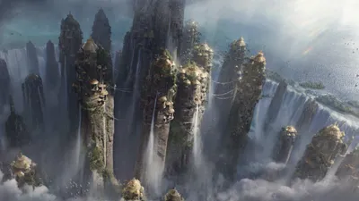 Fantasy City Built Atop Towering Fantasy Wallpaper 4K 1920x1080 A, Fantasy, City, Built, Atop, Towering, Rocky, Spires, Surrounded, Mist, Waterfalls, Rendered, Brown, Ultrawide, Full HD