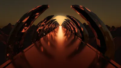 Abstract Sci Symmetrical Reflective Abstract Wallpaper 4K 3840x2160 Abstract, Sci-fi, Scene, With, Symmetrical, Reflective, Arches, Converging, Toward, Bright, Morning, Light, Black, Brown, Ultrawide, 4k