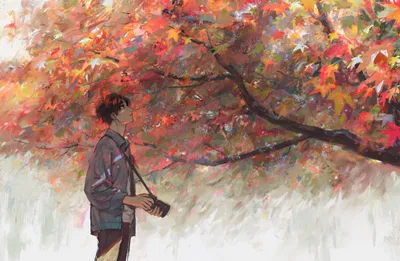 Anime Boy Short Brown Hair Nature Wallpaper 4K 4600x3000 Anime, Boy, With, Short, Brown, Hair, Holds, A, Camera, Standing, Under, Vibrant, White, Ultrawide, 4k