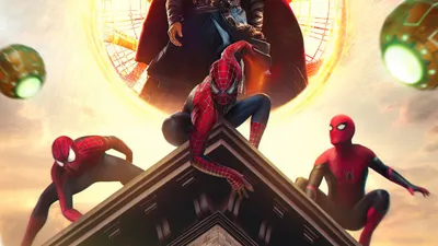 Three Spider Man Abstract Wallpaper 4K 5120x2880 Three, Spider-man, Figures, Crouch, On, A, Rooftop, Under, Glowing, Portal, Way, Home, White, Ultrawide, 4k