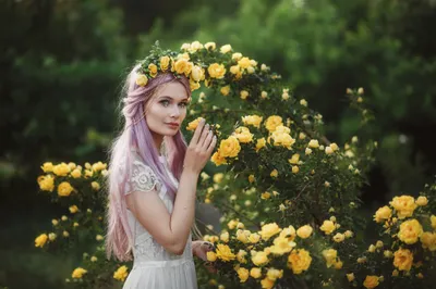 Pink Hair Long Yellow Flower Nature Wallpaper 4K 2000x1333 Pink, Hair, Long, Yellow, Flower, Wreath, Dress, Rose, Woman, Model, Desktop, White, Gray, Ultrawide, Full HD