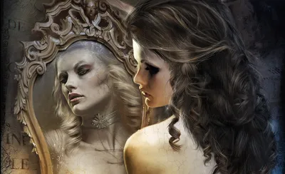 Fantasy Themed Woman Gazing Fantasy Wallpaper 4K 1964x1200 A, Fantasy-themed, Hd, Desktop, Wallpaper, Featuring, Woman, Gazing, Into, Decorative, Mirror, Reflecting, Gray, Ultrawide, Full HD