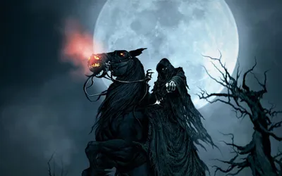 Dark Fantasy Grim Reaper Riding Animals Wallpaper 4K 2560x1600 A, Dark, Fantasy, Scene, Of, The, Grim, Reaper, Riding, Fiery-eyed, Horse, Against, Gray, Ultrawide, QHD