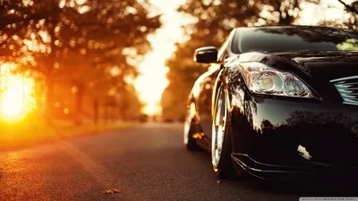 Sleek Sleek Wallpaper Nature Wallpaper 4K 2400x1350 A, Sleek, Black, Car, On, Tree-lined, Road, During, Golden, Sunset, Captured, High, White, Ultrawide, Full HD