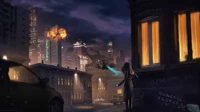 Sci City Nightscape World Wallpaper 4K 1920x1080 Sci-fi, City, Nightscape, With, Neon, Skyline, Hovering, Vehicle, Lone, Figure, Rain-slick, Street, Purple, Brown, Ultrawide, Full HD